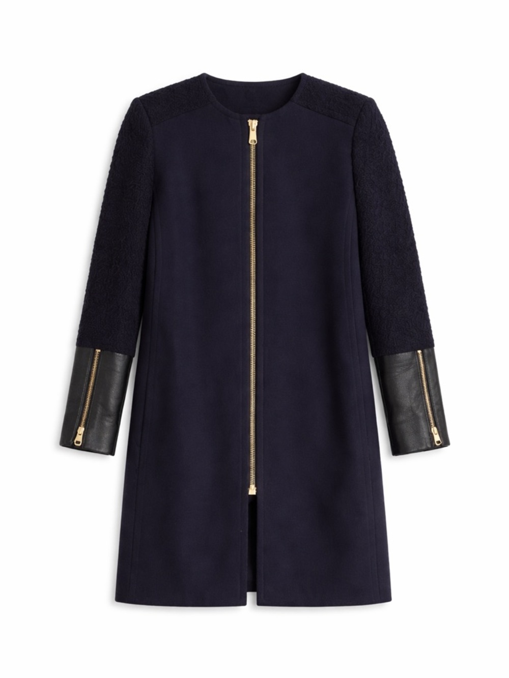 Club Monaco Coat Navy Wool Blend Black Leather Gold Zipper Size M